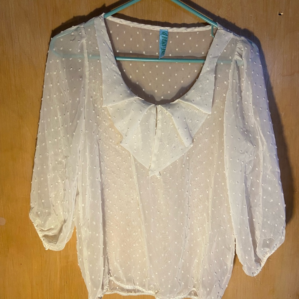 Elegant Cream Sheer Blouse with Bow polkadots